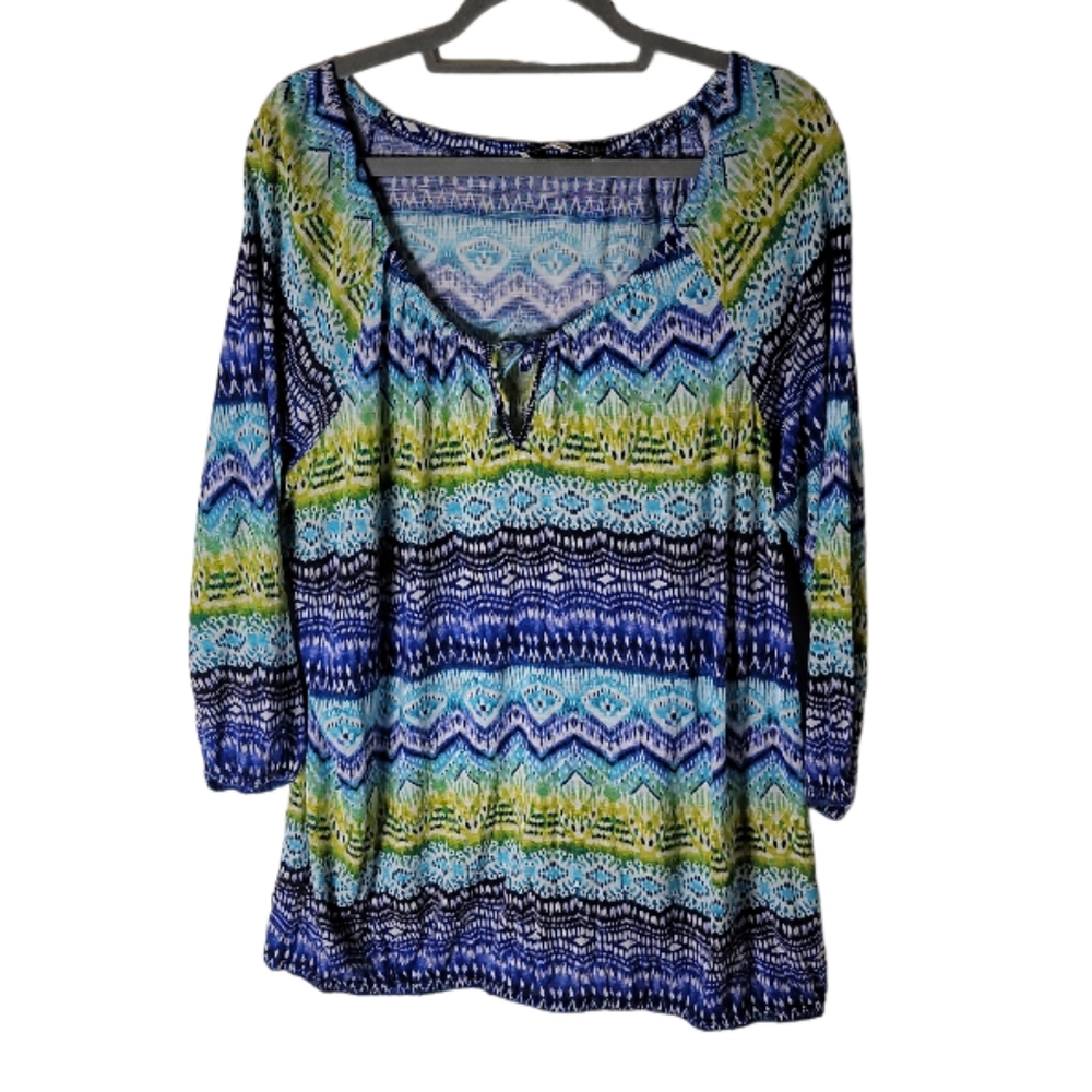 Jones New York XXL chevron stripe scoop neck top blue green 3/4 sleeve blouse